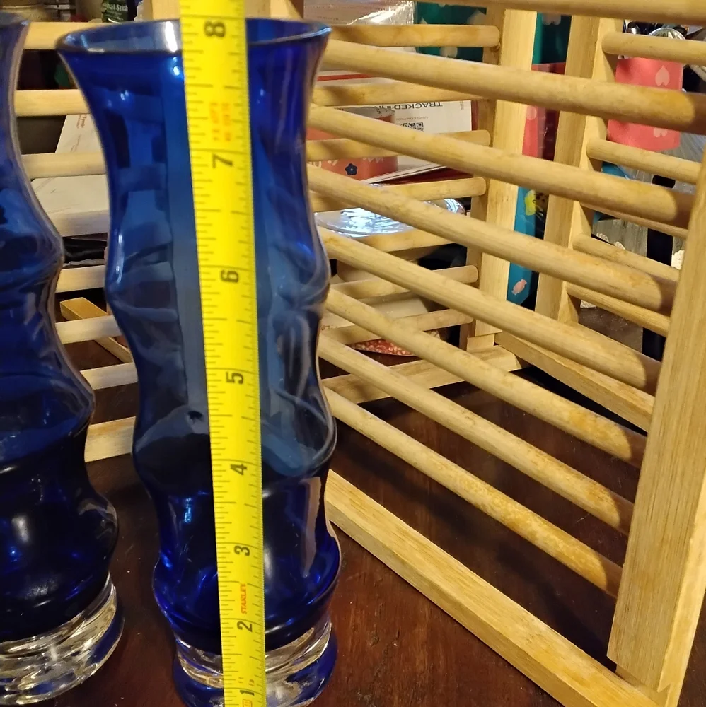 2 ASEDA Sweden Cobalt Blue Glass Vases Bamboo & Wave Bubble Bo Borgstrom MCM